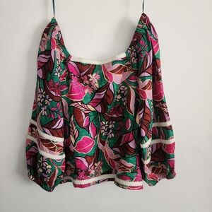 Cynthia Rowley 100% Linen Blouse Womens Medium Size Long Sleeve Floral Cropped